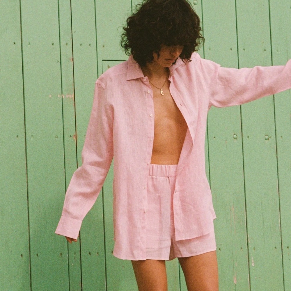 WNU Shirt Large The Boyfriend 100% Organic Linen Pink Long Sleeve Button Down